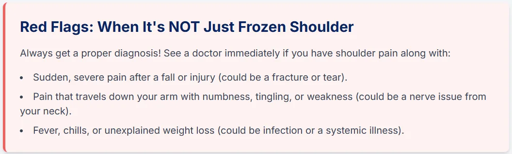 Warning signs and red flags indicating when shoulder pain is not frozen shoulder and requires urgent medical attention
